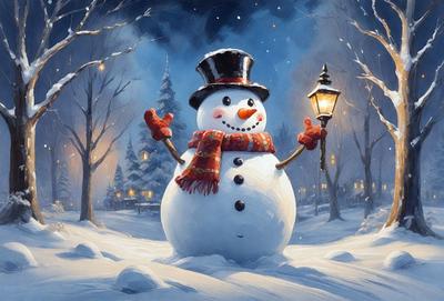 The primary subject of the image is a snowman, which is the main object, scene, or focus of the image. The snowman is standing in the snow, surrounded by a wintery environment. The visual style of the image is an illustration, as it is a digital art piece. The dominant colors in the image are white and red, which create a warm and festive atmosphere.